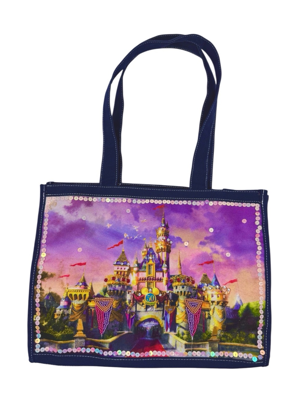 Vintage 2005 Disneyland 50th Anniversary Beaded Sequined Castle Canvas Tote Bag